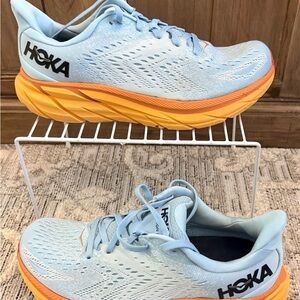 Hoka Sky Blue and Tangerine Athletic Shoes